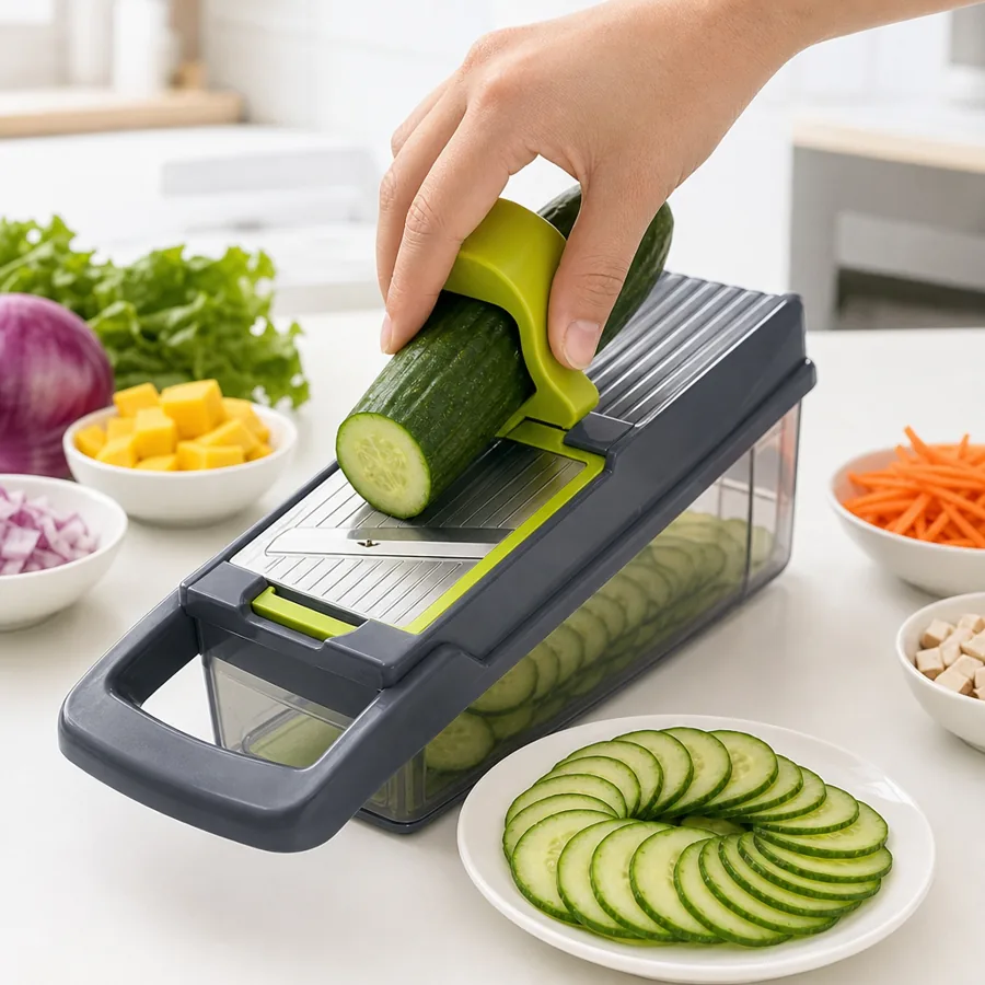 Slicing a cucumber on the mandoline blade